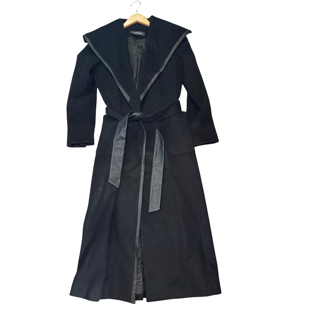 Ellen Tracy Black Wool Blend Long Wrap Coat Faux Leather Trim Belted 6 88MA2029